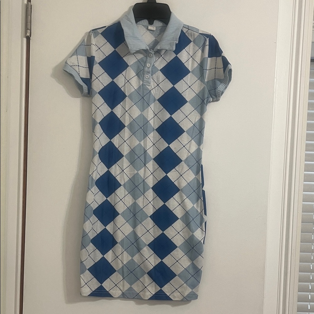 Shein Girls Blue and white Argyle Polo Dress Size 14Y